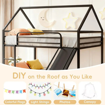 Bunk Bed with Slide or Kids,Bunk Bed Twin Over Twin, Metal Junior House Low Bunk Bed, Toddler loor Bunk Beds e with Guardrail or