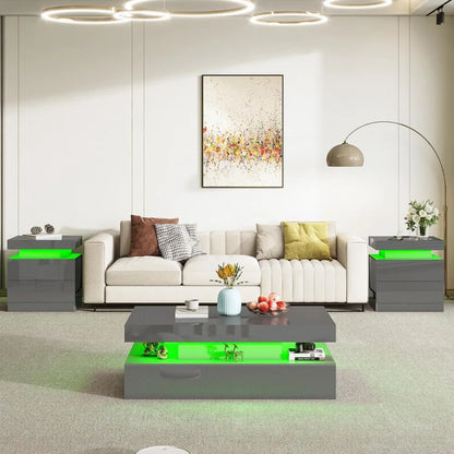 High Gloss End Table Set of 2 with Charging Station, Modern Bedside Table Night Stand with LED Lights,Customized