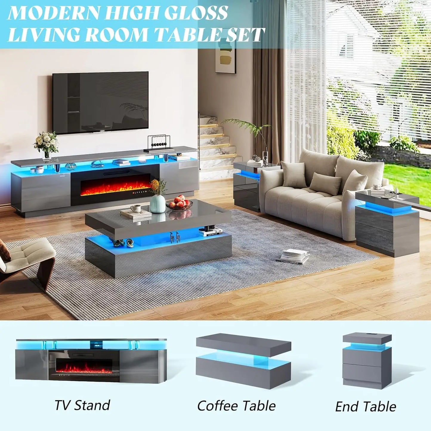 High Gloss End Table Set of 2 with Charging Station, Modern Bedside Table Night Stand with LED Lights,Customized