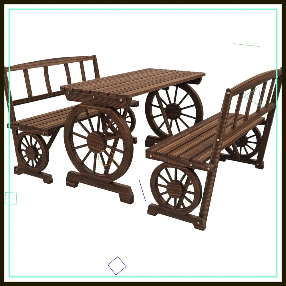 Outdoor Wooden Table and Chairs Set for 4 People, All Weather Patio Furniture with Wagon Wheel Design for Garden Deck