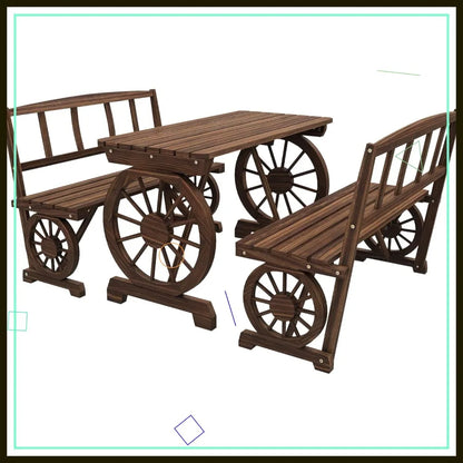 Outdoor Wooden Table and Chairs Set for 4 People, All Weather Patio Furniture with Wagon Wheel Design for Garden Deck