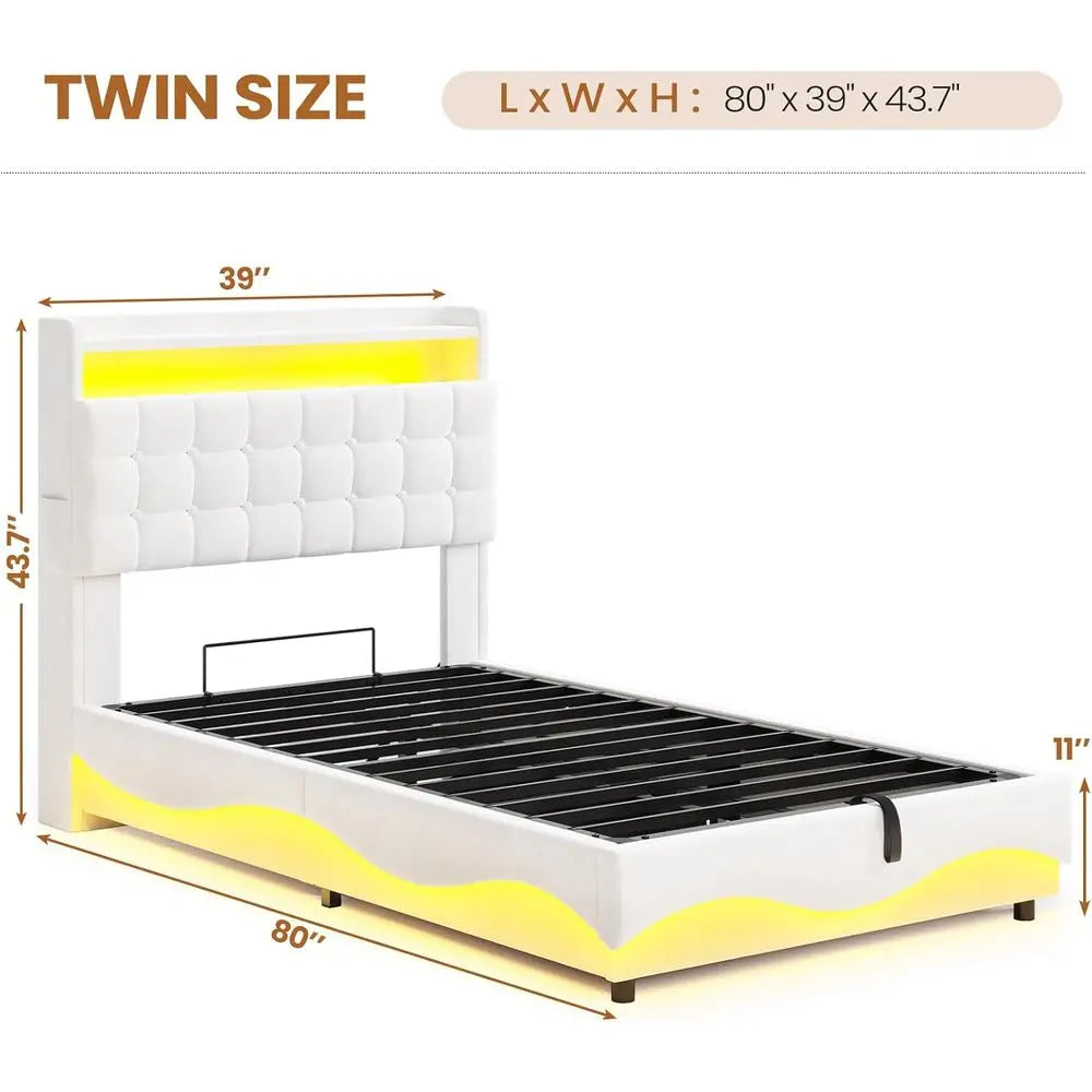 Twin Bed with LED Lights, Charging Station, Storage and Velvet Upholstery in Creamy White for Girls