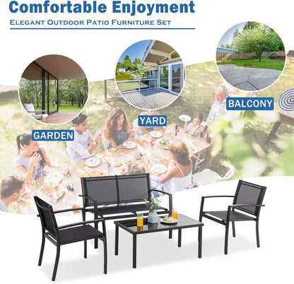 4 Pieces Patio Furniture Sets,Outdoor Patio Conversation Sets with Glass Coffee Table, Small Porch Balcony Furniture