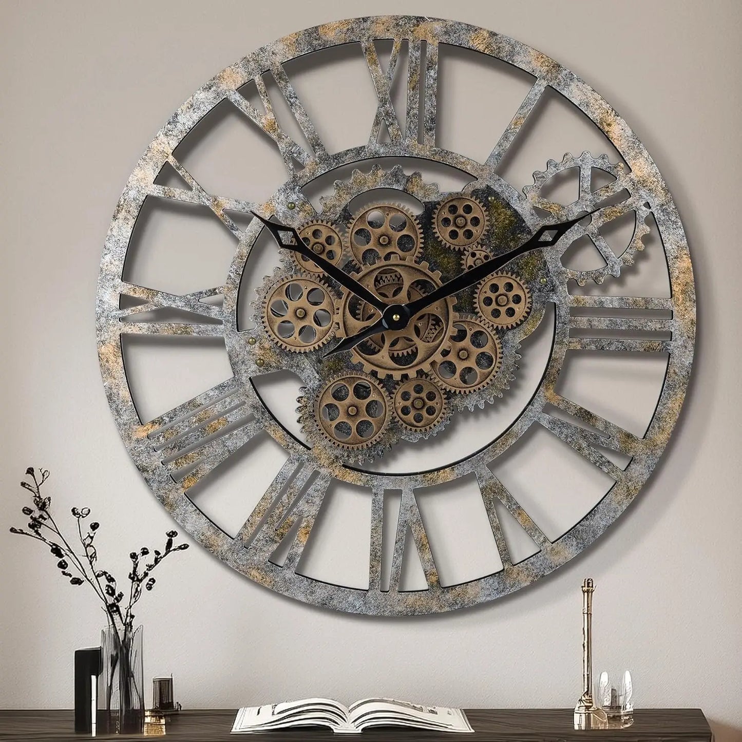 23 Inch Steampunk Moving Gear Wall Clock, Rustic Farmhouse Wooden Large Decor