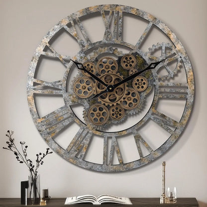 23 Inch Steampunk Moving Gear Wall Clock, Rustic Farmhouse Wooden Large Decor