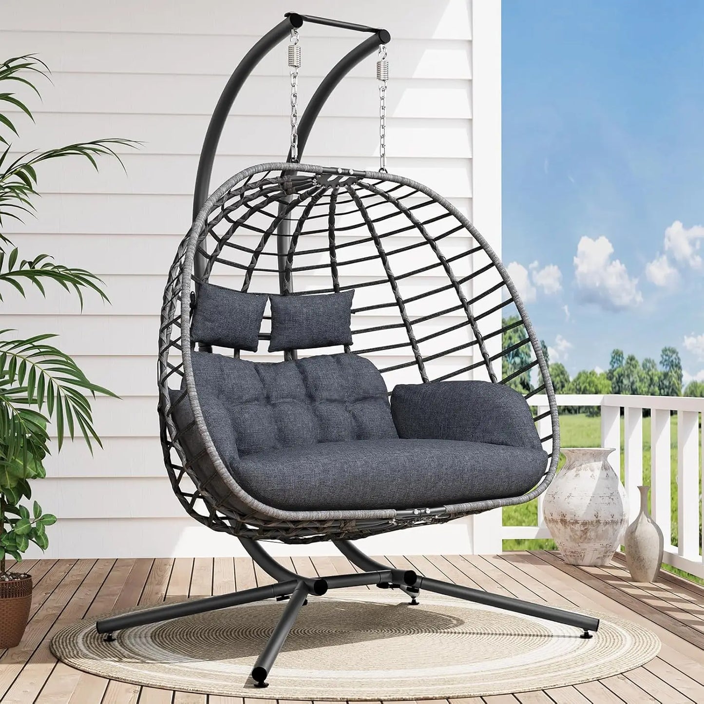 Double Egg Swing Chair with Stand, Outdoor Patio 2 Person Hanging Wicker Hammock Chairs with Cushion