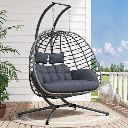 Double Egg Swing Chair with Stand, Outdoor Patio 2 Person Hanging Wicker Hammock Chairs with Cushion