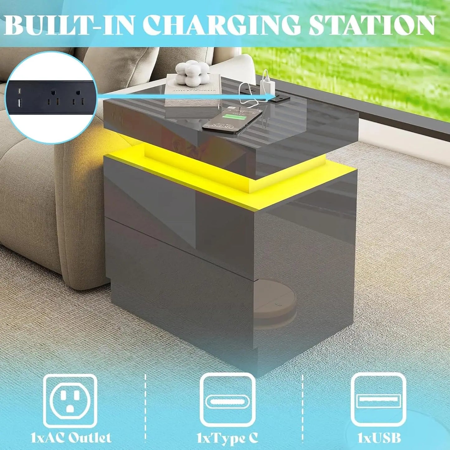High Gloss End Table Set of 2 with Charging Station, Modern Bedside Table Night Stand with LED Lights,Customized