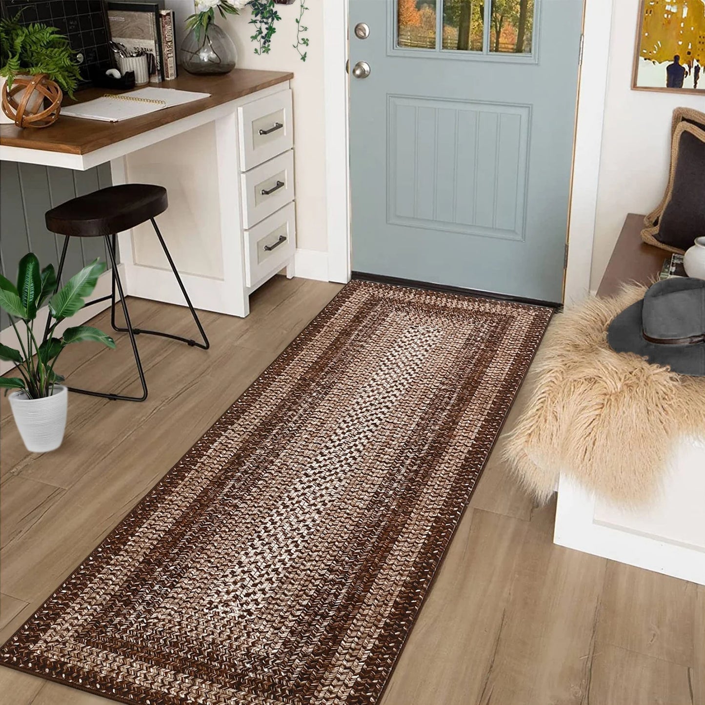 Washable Area Rugs  Braided Print Non Slip Rug