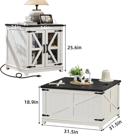 Farmhouse Coffee Table Sets 3 Pieces, Large End Side Tables with Charging Station and Coffee Table