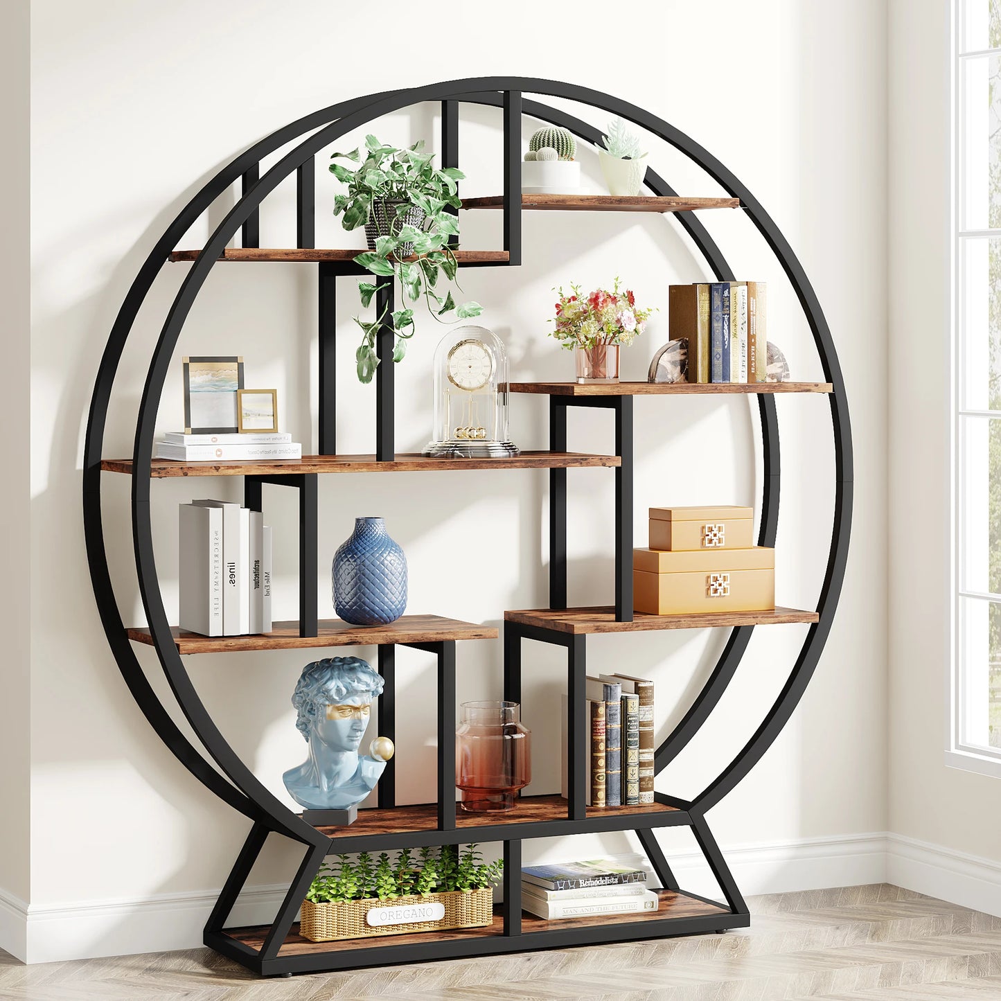 63-Inch Industrial Wood Book Shelf with Staggered Shelves