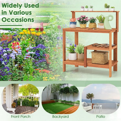 Garden Potting Table, Solid Wood Potting Table with Trellis, Open Shelves, Teak Oil Finish, Gardening Workstation & Planting Wor
