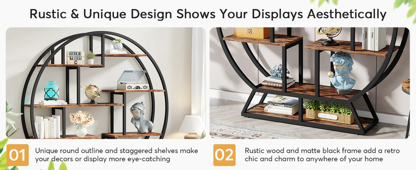 63-Inch Industrial Wood Book Shelf with Staggered Shelves