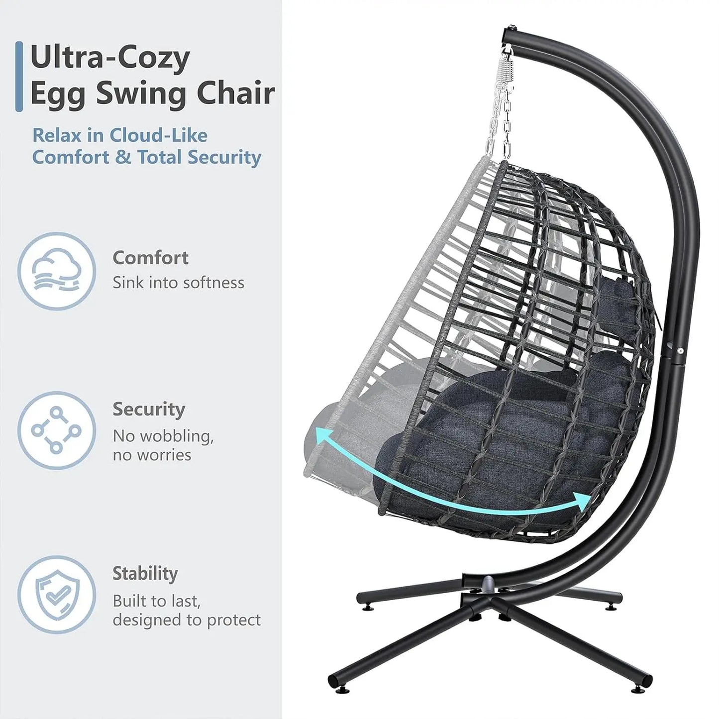 Double Egg Swing Chair with Stand, Outdoor Patio 2 Person Hanging Wicker Hammock Chairs with Cushion