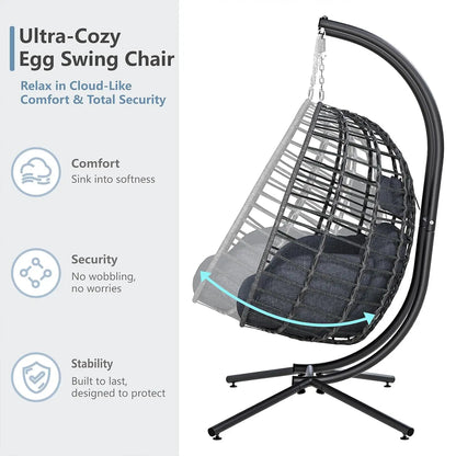 Double Egg Swing Chair with Stand, Outdoor Patio 2 Person Hanging Wicker Hammock Chairs with Cushion