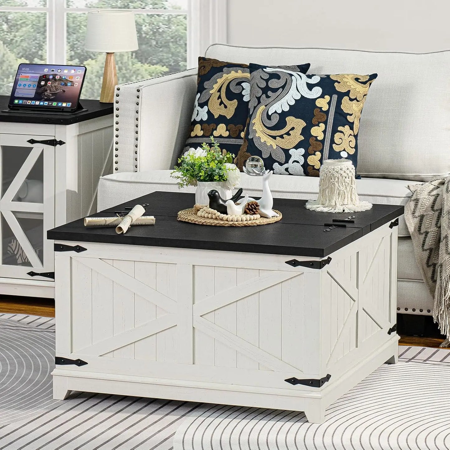 Farmhouse Coffee Table Sets 3 Pieces, Large End Side Tables with Charging Station and Coffee Table