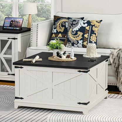 Farmhouse Coffee Table Sets 3 Pieces, Large End Side Tables with Charging Station and Coffee Table
