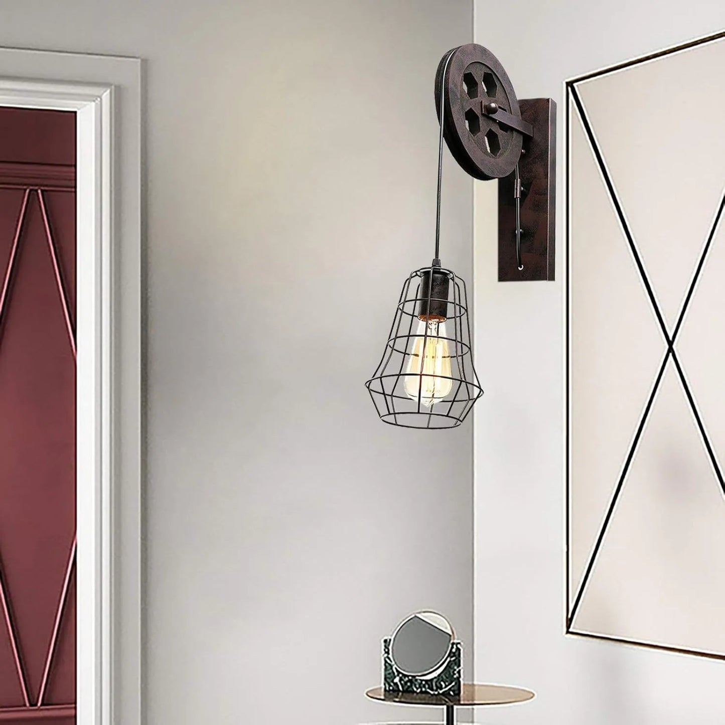 Industrial Wall Sconce Lights Lift Pulley Vintage Farmhouse Mid Century Wall Light with Iron Cage Lampshade for Indoor Lighting