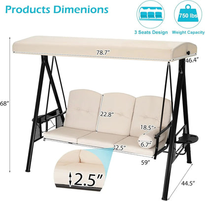 Outdoor 3-Seat Porch Swing with Adjustable Canopy
