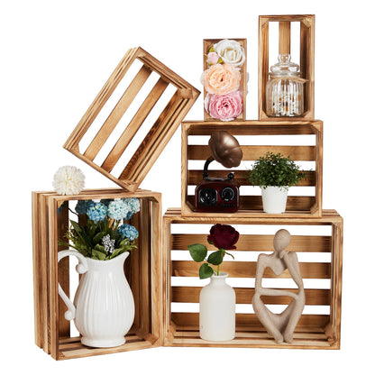 5 Pack Wooden Storage Crates, Rustic Farmhouse Nesting Crates, Decorative Wood Boxes for Home Decor, Display & Organization