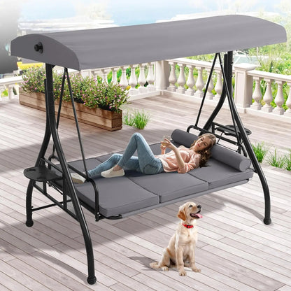 3 Person Outdoor Porch Swing with Canopy and Stand, Convertible 2 in 1 Porch Bed Swing , Customized