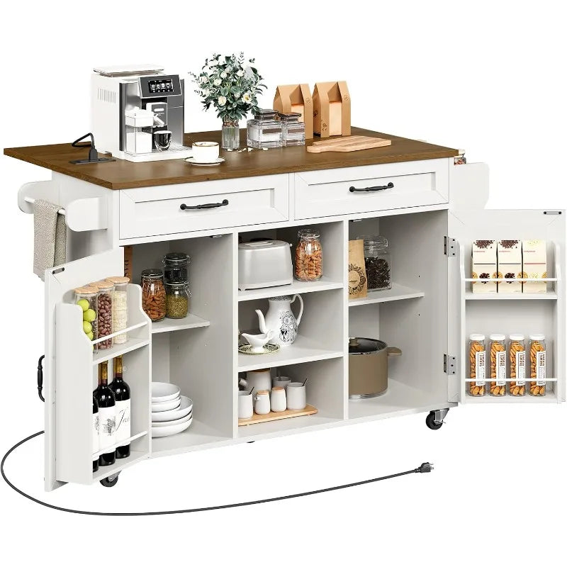 RALGEND Kitchen Island with Power Outlets & Drop Leaf, Kitchen Cart with Storage, Drawer and Spice Rack, Tower Rack