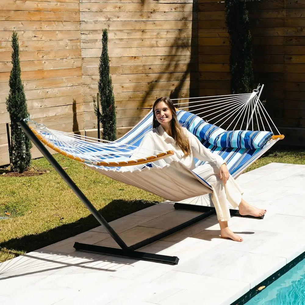 Blue Stripe 2-Person Outdoor Hammock with Stand, Curved Bars, Pillow, and Carry Bag, 450 lbs Capacity