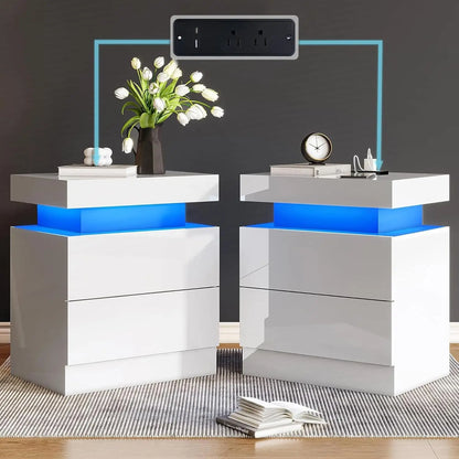High Gloss End Table Set of 2 with Charging Station, Modern Bedside Table Night Stand with LED Lights,Customized