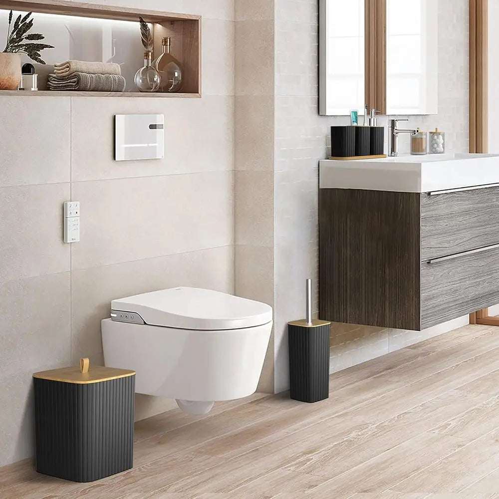 22-Piece Black Bathroom Accessory Set: Shower Curtain, Trash Bin, Toilet Brush Holder, and Soap Dispenser for Stylish Home Bath