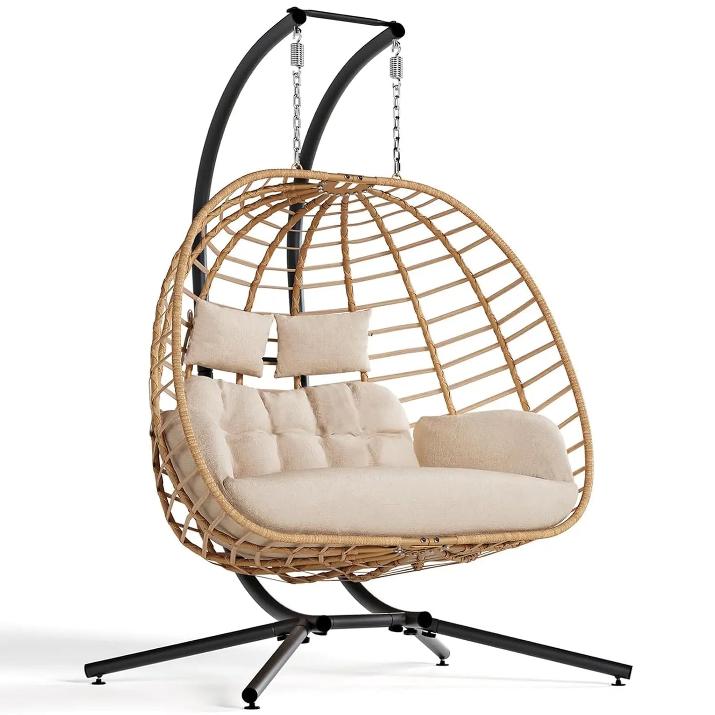 Double Egg Swing Chair with Stand, Outdoor Patio 2 Person Hanging Wicker Hammock Chairs with Cushion