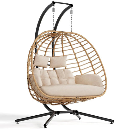 Double Egg Swing Chair with Stand, Outdoor Patio 2 Person Hanging Wicker Hammock Chairs with Cushion