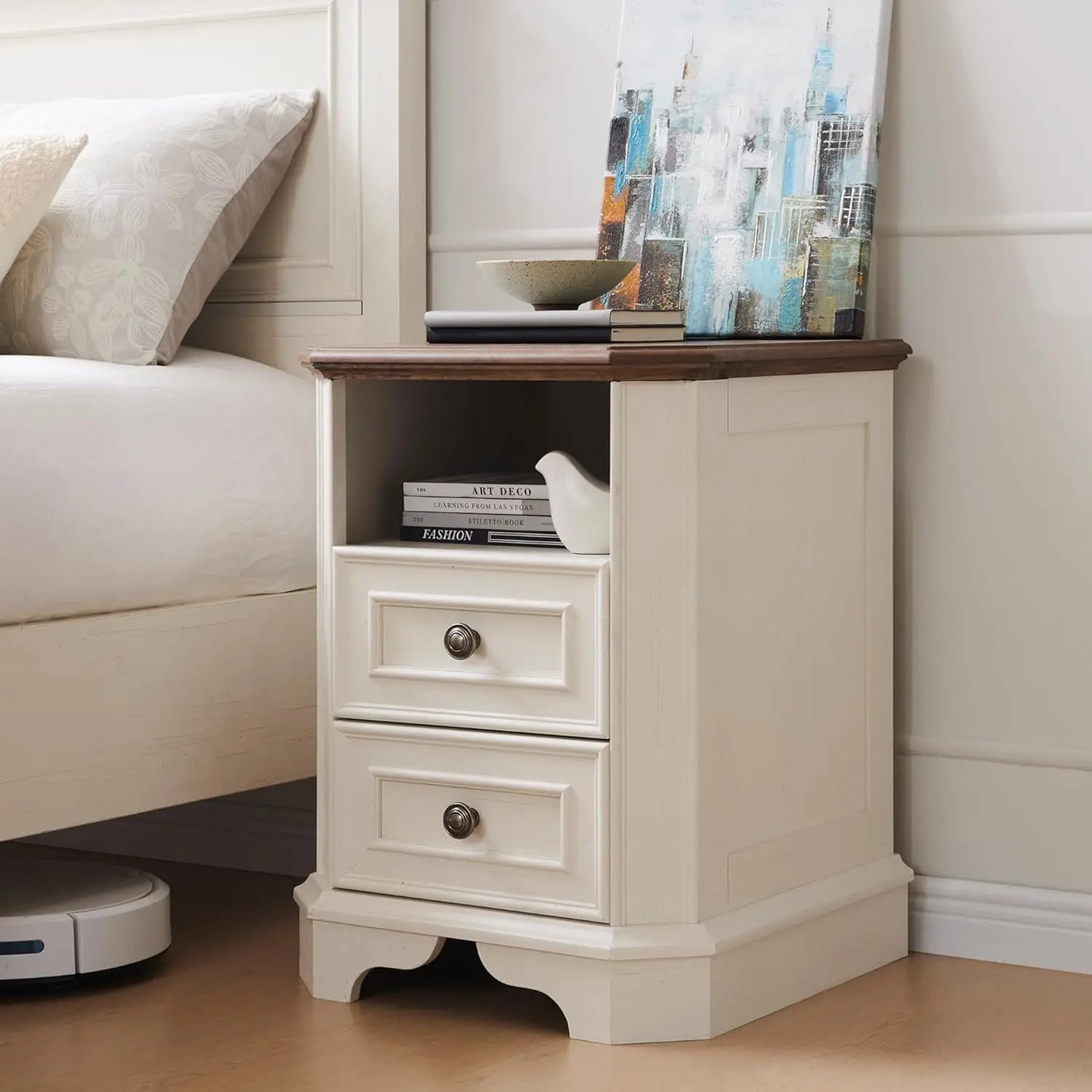 Farmhouse Nightstand Set of 2 with Charging Station 18' End Table with 2 Drawers