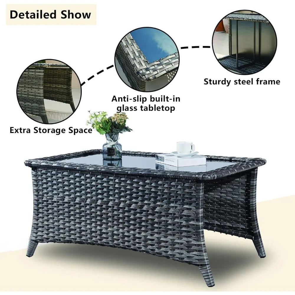 Rilyson Patio Tables Wicker Coffee Table - Outdoor Rattan Coffee Tables with Glass Top for Patio Proch Deck Balcony Rectangle Mi