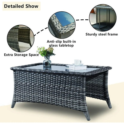 Rilyson Patio Tables Wicker Coffee Table - Outdoor Rattan Coffee Tables with Glass Top for Patio Proch Deck Balcony Rectangle Mi