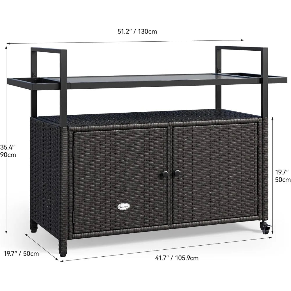 Large Outdoor Kitchen Wicker Island Rolling Cart, Patio Storage Cabinet w/Wheels