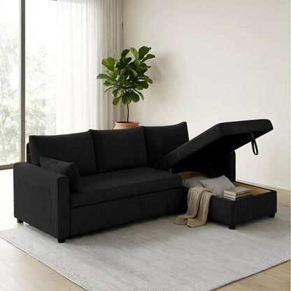 86in Reversible Sectional Soa Couch, Sleeper Soa Bed with Storage Chaise Pull Out Couch or Living Room (Deepblack)