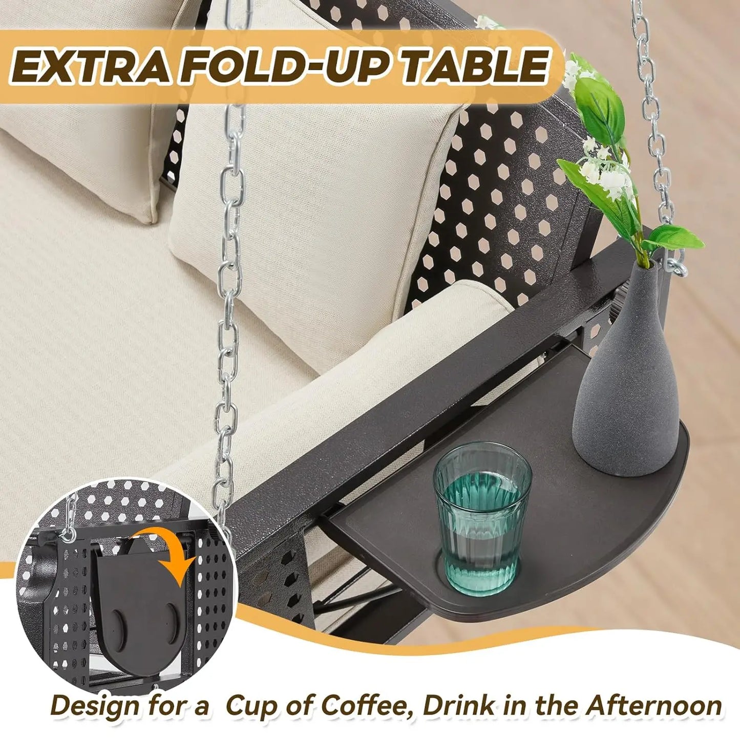 3 Seat Porch Swing with Cup Holders & 3 Back Cushions, includes Chains