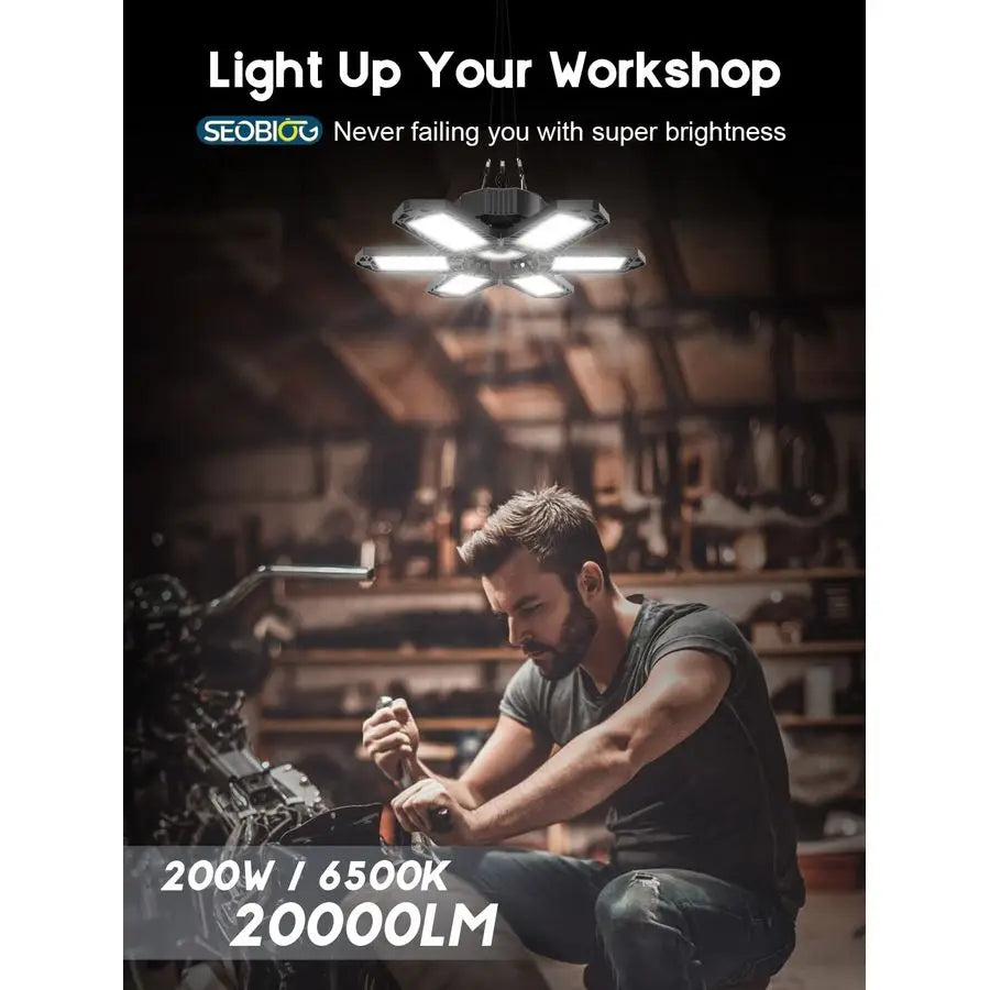 2 Pack Plug in Garage Light,  200W  Linkable LED Shop Light, 6500K Ceiling Lights w 6 Deformable Panels