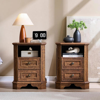 Farmhouse Nightstand Set of 2 with Charging Station 18' End Table with 2 Drawers