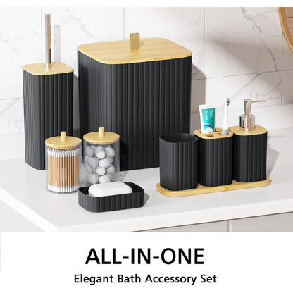 22-Piece Black Bathroom Accessory Set: Shower Curtain, Trash Bin, Toilet Brush Holder, and Soap Dispenser for Stylish Home Bath