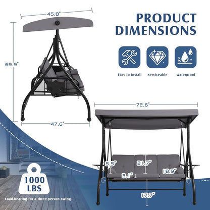 3 Person Outdoor Porch Swing with Canopy and Stand, Convertible 2 in 1 Porch Bed Swing , Customized