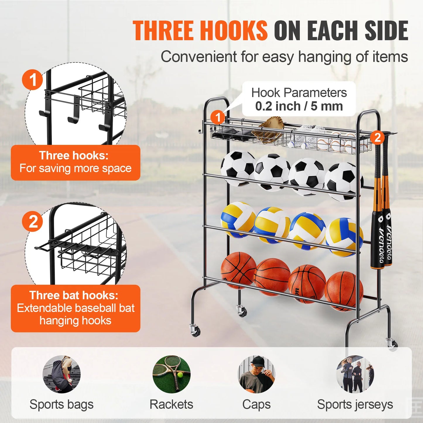 4-Layers Basketball Rack Rolling Storage Organizer