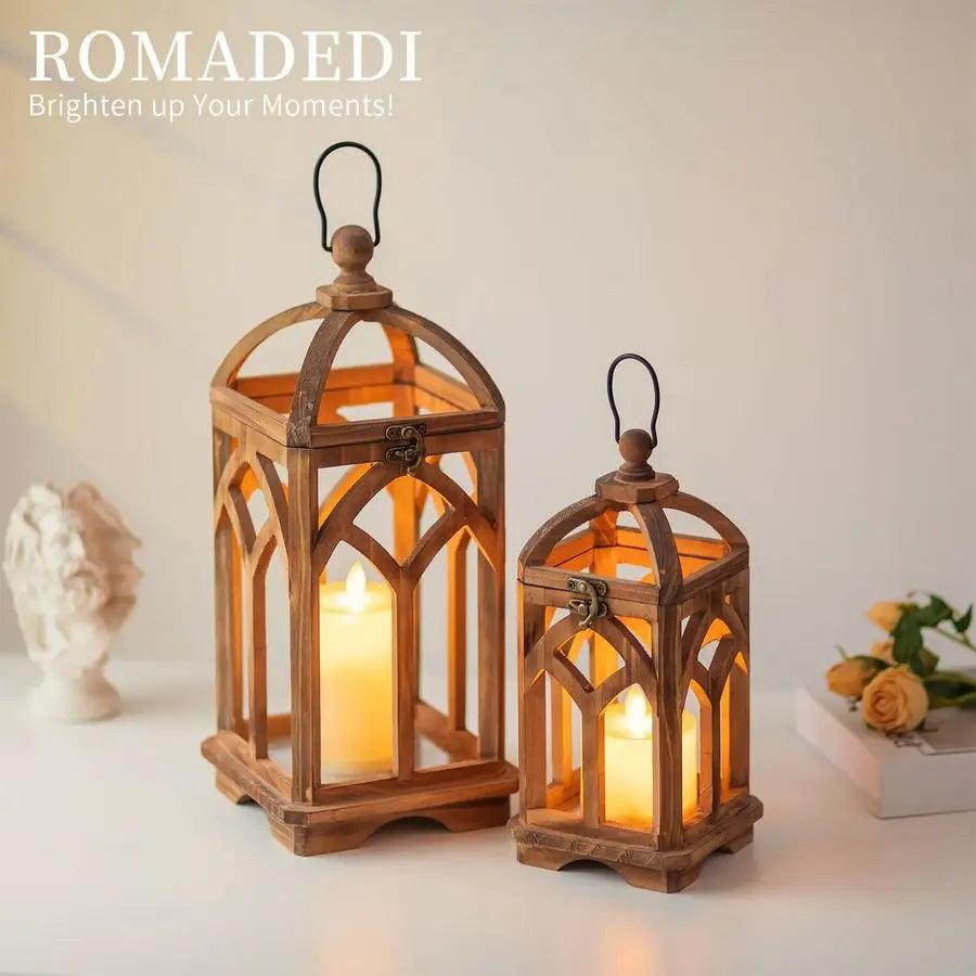 Farmhouse Candle Lantern Wooden  Set of 2 Decorative Rustic Wood Candle Holder