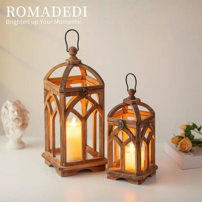 Farmhouse Candle Lantern Wooden  Set of 2 Decorative Rustic Wood Candle Holder