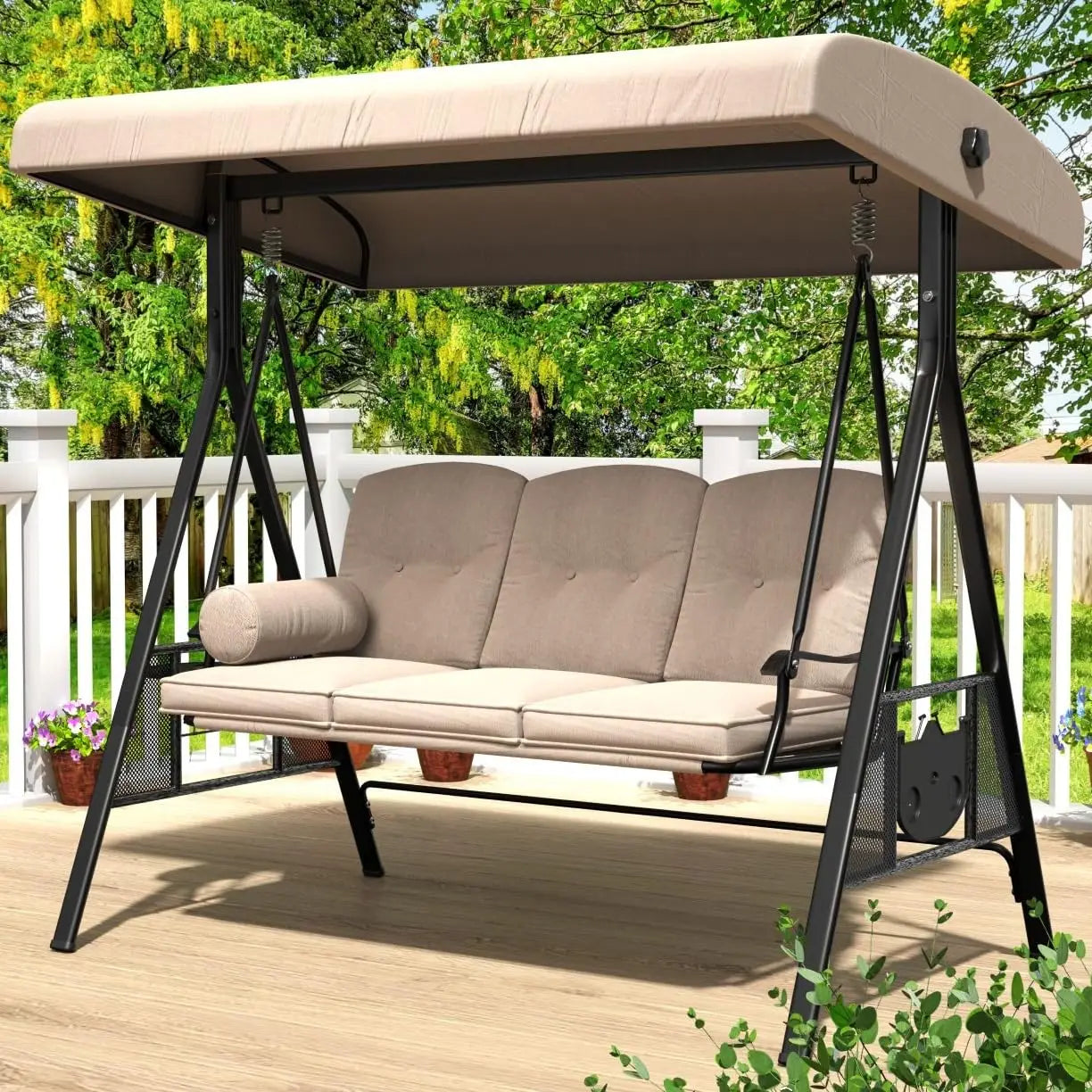 Outdoor 3-Seat Porch Swing with Adjustable Canopy