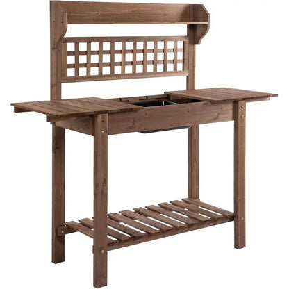 Outdoor Potting Bench Table, Wooden Workstation with Sliding Tabletop, Storage Shelf and Dry Sink, for Greenhouse, Garden, Patio
