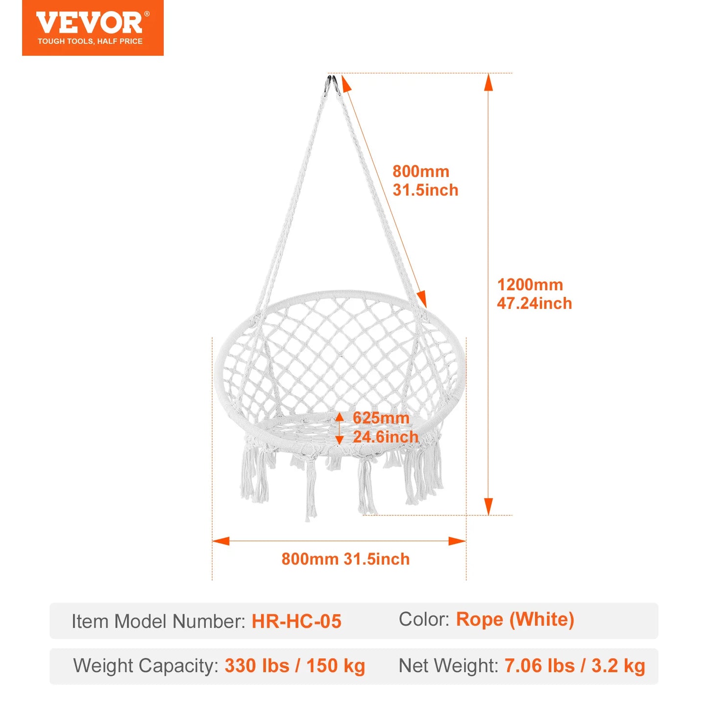 330lbs Macramé Hanging Rope Swing Chair for Bedroom, Balcony, Patio or Garden