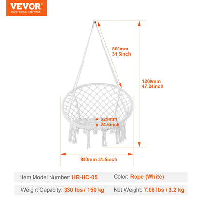 330lbs Macramé Hanging Rope Swing Chair for Bedroom, Balcony, Patio or Garden