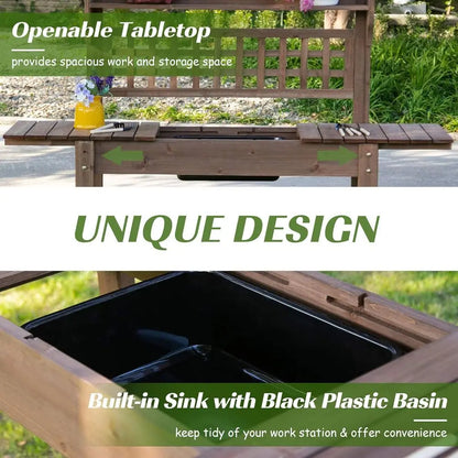 Outdoor Potting Bench Table, Wooden Workstation with Sliding Tabletop, Storage Shelf and Dry Sink, for Greenhouse, Garden, Patio