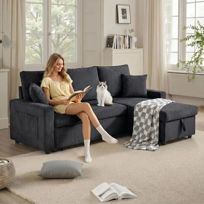 86in Reversible Sectional Soa Couch, Sleeper Soa Bed with Storage Chaise Pull Out Couch or Living Room (Deepblack)